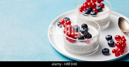 Chia Samen Pudding, Käsekuchen, Pudding Dessert mit frischen Beeren in eine Glasschüssel auf weißen Teller. Textfreiraum Stockfoto