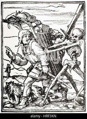 Die Hausierer entworfen Holzschnitt von Hans Holbein den jüngeren (1497-1543) für den "Tanz der Death'series, 1523-26.  Aus Meyers Lexikon veröffentlicht 1927. Stockfoto