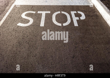 Das Wort "STOP" lackiert in weiß an einer Kreuzung auf einer Asphaltstraße. Stockfoto
