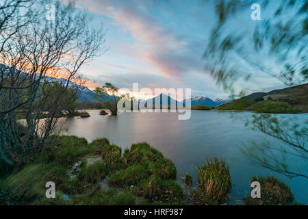 Sonnenuntergang, Glenorchy Lagune, am hinteren Berge, Glenorchy, in Queenstown, Southland, Neuseeland Stockfoto