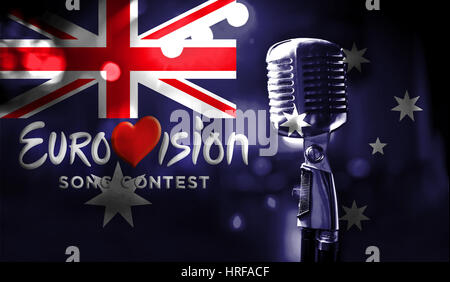 Fotos Banner mit dem offiziellen Logo des Eurovision Song Contest in der Australien-Flagge. Belarus, 1. März 2017 Stockfoto