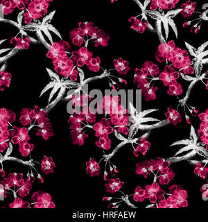 Nahtlose Hintergrund mit Zweigen der Kirschblüte orientalische Tuschemalerei, Sumi-e Stilmuster Sakura, umgekehrten Effekt. Stockfoto