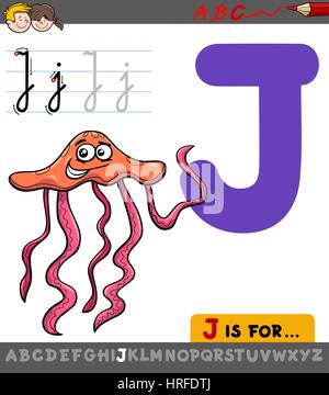 Pädagogische Cartoon Illustration der Buchstabe J aus Alphabet mit Quallen Tier für Kinder Stock Vektor