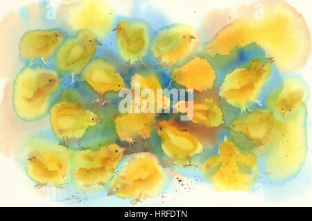 Aquarell mit gelben Hühner. Ostern-Karte-Hintergrund Stockfoto