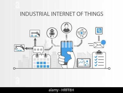 Industrielle Internet der Dinge oder Industrie 4.0-Konzept mit einfachen Symbolen auf grauem Hintergrund Stock Vektor