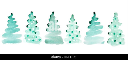 Grüne Aquarell Weihnachtsbäume nebeneinander auf dem weißen Hintergrund isoliert Stockfoto