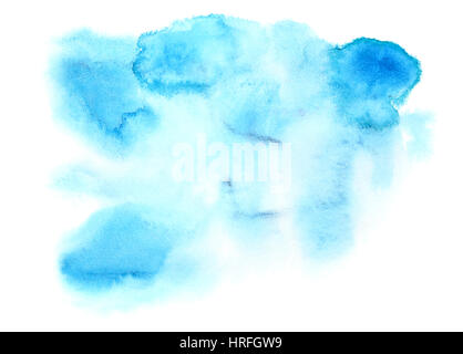 Leichte blaue abstrakte Aquarell Fleck auf Papier über dem weißen Hintergrund isoliert Stockfoto