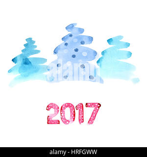 Frohes neues Jahr 2017 - Aquarell Weihnachtsbäume von Pinselstrichen Stockfoto