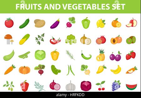 Frisches Obst und Gemüse Symbolsatz, flach, Cartoon-Stil. Beeren und Kräuter isoliert auf weißem Hintergrund. Landwirtschaftlichen Produkten, vegetarisches Essen. Vektor-Illustration. Stock Vektor