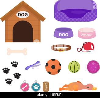 Hunde Sachen Symbol set mit Zubehör für Haustiere, flachen Stil, isoliert auf weißem Hintergrund. Welpen Spielzeug. Hundehütte, Kragen, Essen. Pet Shop-Konzept. Vektor-Illustration, ClipArt-Grafiken. Stock Vektor