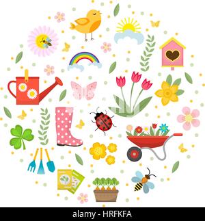 Frühling-Symbole in runder Form, flach Stil gesetzt. Gartenarbeit cute Sammlung von Design-Elemente, isoliert auf weißem Hintergrund. Natur-ClipArt-Grafiken. Vektor-Illustration. Stock Vektor