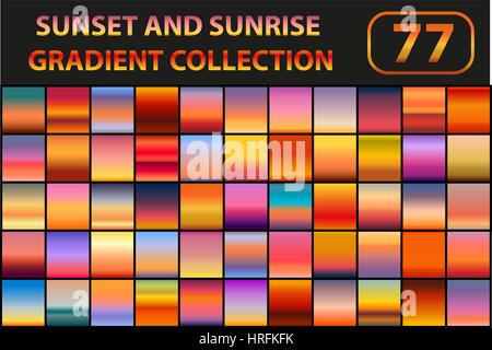 Sonnenaufgang und Sonnenuntergang Farbverlauf festgelegt. Große Sammlung abstrakt mit Himmel. Vektor-Illustration. Stock Vektor