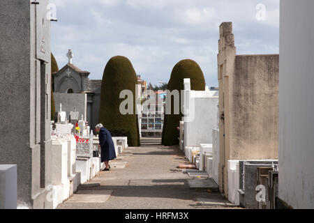 Frau, die das Grab auf dem städtischen Friedhof Punta Arenas, Chile, besucht Stockfoto