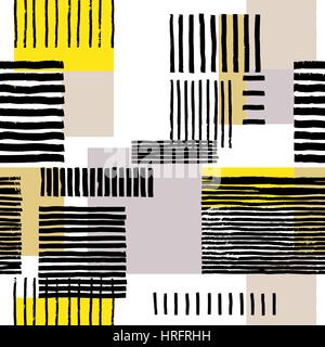 Abstrakte geometrische Muster. Geometrische nahtlose Streifenmuster. Handgezeichnete ungleichmäßige schwarze Streifen auf bunte Rechtecke, freies Layout. Gelb und Beige. Stock Vektor