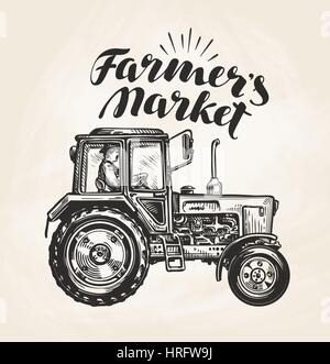 Bauernmarkt. Handgezeichnete Landwirt Fahrten auf landwirtschaftliche Zugmaschine skizzieren. Bauernhof, Landwirtschaft-Vektor-illustration Stock Vektor