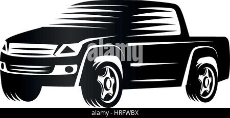 Isolierte Monochrom Gravieren Stil Pickup-Trucks Logo, Autos-Logo, Farbe schwarz-Kraftfahrzeug-Vektor-illustration Stock Vektor