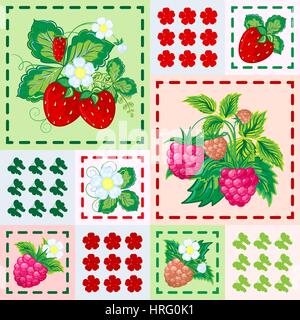 Patchwork-Hintergrund mit Erdbeeren und Himbeeren. Nahtlose Vektormuster. Stock Vektor