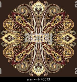 Kreisförmige abstrakte geometrische Paisleymuster. Traditionelle orientalische Ornament. Goldtöne auf braunem Hintergrund. Textil-Design. Stock Vektor
