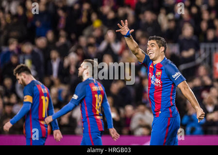 Barcelona, Katalonien, Spanien. 1. März 2017. FC Barcelona nach vorne SUAREZ feiert ein Ziel während der LaLiga Spiel zwischen FC Barcelona und Sporting im Camp Nou-Stadion. Bildnachweis: Matthias Oesterle/ZUMA Draht/Alamy Live-Nachrichten Stockfoto