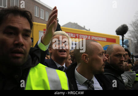 Süd-Holland, Niederlande. 18. Februar 2017. Der niederländische rechter Populist und Anführer der Partij Voor de Vrijheid (Partei für die Freiheit, PVV) Geert Wilders (C) auf der Kampagne Spur in Spijkenisse in Süd-Holland, Niederlande, 18. Februar 2017. Foto: Oliver Berg/Dpa/Alamy Live News Stockfoto