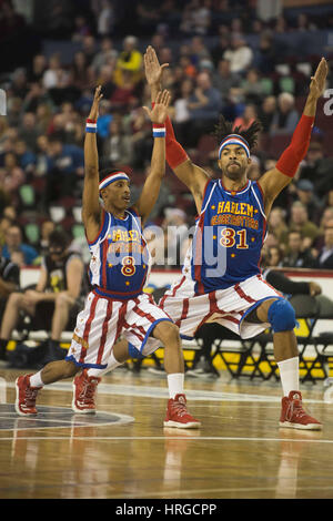 Calgary, Alberta, Kanada. 1. März 2017. (L, R) Rakete Pennington, Hammer Harrison von The Harlem Globe Trotters dehnen vor dem Spiel in Calgary. Bildnachweis: Baden Roth/ZUMA Draht/Alamy Live-Nachrichten Stockfoto