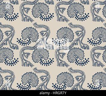 Nahtlose Blumenmuster, traditionelle Block gedruckt Ornament, handgemachte russischen Motiv mit dunkelblauen Blüten auf Ecru Hintergrund. Textildruck. Stock Vektor