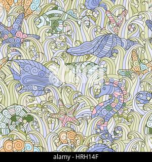 Nahtlose Muster der bunten Hand gezeichnet, Muscheln, Seesterne und Seepferdchen Stock Vektor