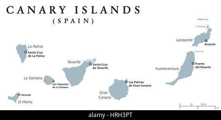 Kanarischen Inseln politische Karte mit Hauptstädten Las Palmas und Santa Cruz. Die Kanarischen Inseln sind ein Archipel und autonome Gemeinschaft Spaniens. Stockfoto