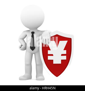 Geschäftsmann, Schild mit einem Währungssymbol des Yen. Konzeptionelle Business Illustration. Isoliert auf weißem Hintergrund Stockfoto