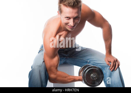 Model Release, Bodybuilder Mit Hantel - Bodybuilder mit Langhantel Stockfoto