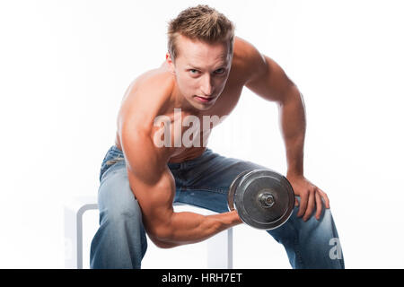 Model Release, Bodybuilder Mit Hantel - Bodybuilder mit Langhantel Stockfoto