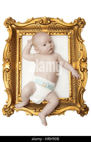 Model freigegeben, Baby Im goldenen Bilderrahmen - Baby in goldenen Bilderrahmen Stockfoto