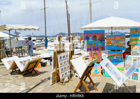Kunstwerke zum Verkauf durch den Hafen, Saint Tropez, Var, Cote d ' Azur, Provence, Frankreich Stockfoto