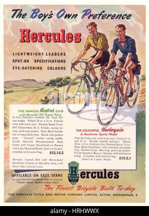 Original-Vintage-Radfahren, gedruckte Broschüre aus dem Jahr 1936 - für die Battery Cycle Works, Plymouth, Devon, Großbritannien Werbebroschüre für Hercules Cycles 1950, Grafikdesign-Designs GB UK Stockfoto