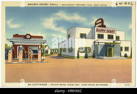 Indiana - Brown Derby Grill--köstlich zubereitet Essen, guter Kaffee, 30 Hütten--Private Bäder, Dampfhitze, inneren Federkernmatratzen Stockfoto