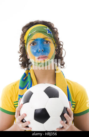 Englische Fußball-Fan, weiblichem Brasilianischer Fussballfan weitergeleitet Schlagzeuggeschäft Stockfoto