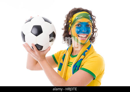 Englische Fußball-Fan, weiblichem Brasilianischer Fussballfan weitergeleitet Schlagzeuggeschäft Stockfoto