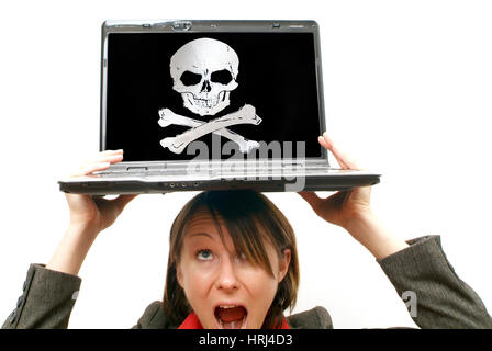 Gesch? Ftsfrau Mit Laptop am Kopf, Symbolbild Totenkopf, Gefahr - Business-Frau mit Laptop auf Kopf, symbolischen Tod Kopf Stockfoto