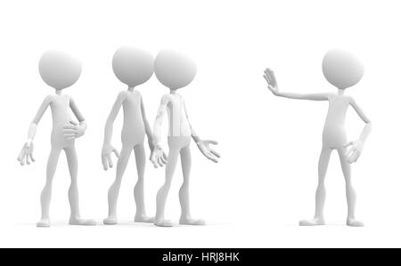 3D Charakter hält seine Hand in ein Stop-Schild, eine Gruppe von Menschen zu warnen. Isoliert Stockfoto