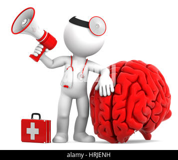 Medic mit Megaphon und großen roten Kopf. Isoliert auf weißem Hintergrund Stockfoto