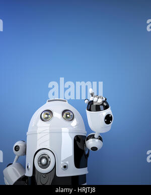 Roboter auf unsichtbares Objekt zeigen. Stockfoto