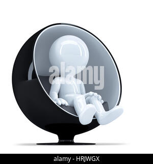 3D Mann sitzt auf der stilvollen runder Stuhl. Isoliert auf weißem Hintergrund Stockfoto