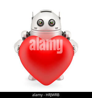 3D Roboter hält ein rotes Herz. Isoliert auf weiß Stockfoto