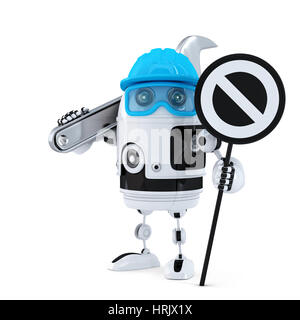 Roboter-Bauarbeiter mit Schraubenschlüssel und Stop-Schild. Technologie-Konzept. Isoliert auf weißem Hintergrund Stockfoto