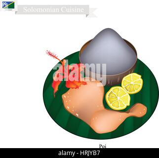 Solomonian Küche, Poi oder traditionellen Taro Brei gemacht mit fermentierten Taro-Wurzeln mit Brathähnchen serviert. Eines das beliebteste Gericht der Solomon Stock Vektor
