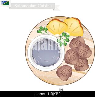 Solomonian Küche, Poi oder traditionellen Taro Brei mit fermentierten Taro Wurzeln serviert mit gebratenem Fleisch gemacht. Das beliebteste Gericht der Solomon gehört Stock Vektor
