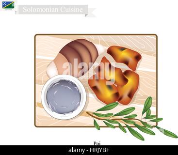 Solomonian Küche, Poi oder traditionellen Taro Brei mit fermentierten Taro Wurzeln serviert mit gebratenem Fleisch gemacht. Das beliebteste Gericht der Solomon gehört Stock Vektor