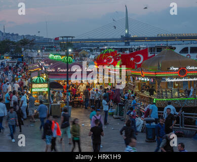 SCHWIMMENDE FISCHE IN BROT BOOT VOR SÜLEYMANIYE-MOSCHEE-GALATA-BRÜCKE GOLDEN HORN ISTANBUL TÜRKEI Stockfoto