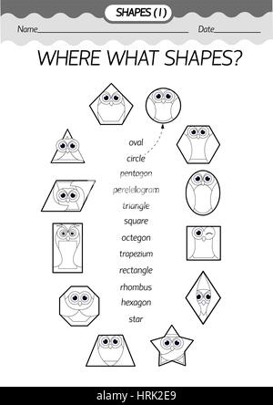 Training Material-Malbuch: wo was formt? Geometrische Formen in Form einer Eule. Schwarz / Weiß-Vektor-Illustration. Stock Vektor