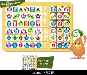 Visuelle Spiel für Kinder. Was kommt als nächstes? Geometrische Formen in Form einer Eule. Stock Vektor